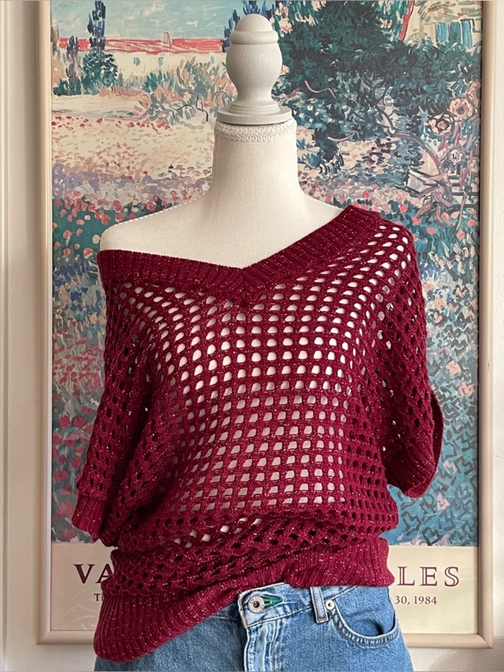 Vintage Y2K Red Open Knit Sweater Medium Boho Festival Indie Sleaze Grunge